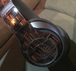 My wireless headphones with a bookshelf skin, a gift from my awesome husband.